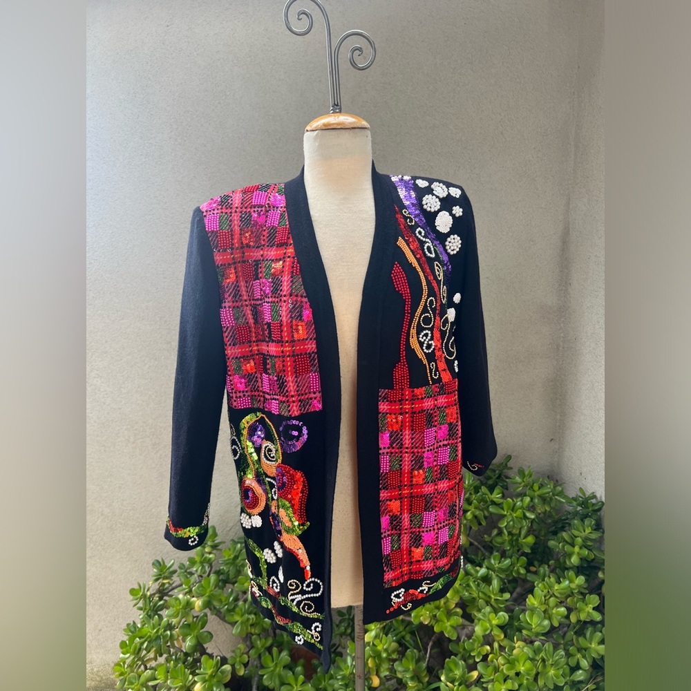 Vintage 80s glam cardigan black sweater beaded sequins lined S/M by Diane Freis